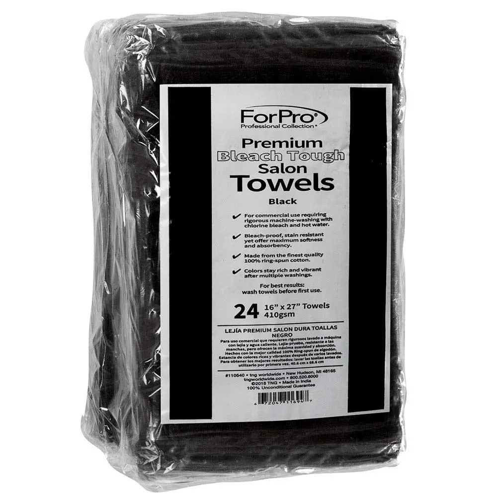 ForPro Professional Collection Bleach Tough Salon Towels, 24ct, Black, 27" L x 16" W | Stain-Resistant Cotton Towels for Salon & Spa - view 2