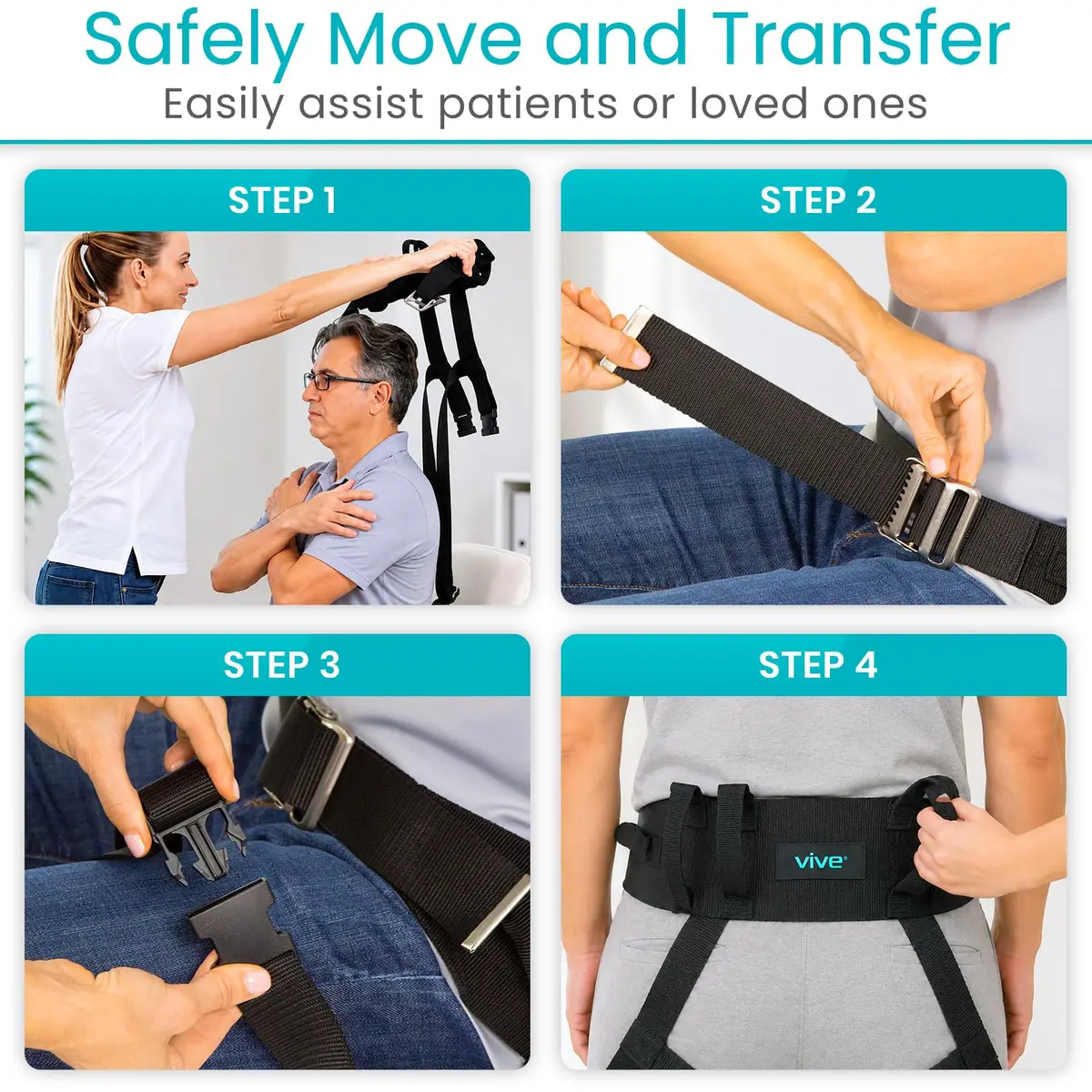 Vive Transfer Belt with Leg Loops & Padded Handles - 52 Inch Adjustable Gait Belt for Patient Lifting & Mobility Support - view 6