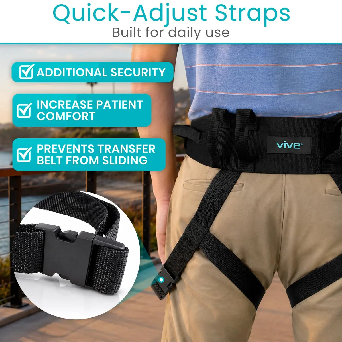 Vive Transfer Belt with Leg Loops & Padded Handles - 52 Inch Adjustable Gait Belt for Patient Lifting & Mobility Support - view 7