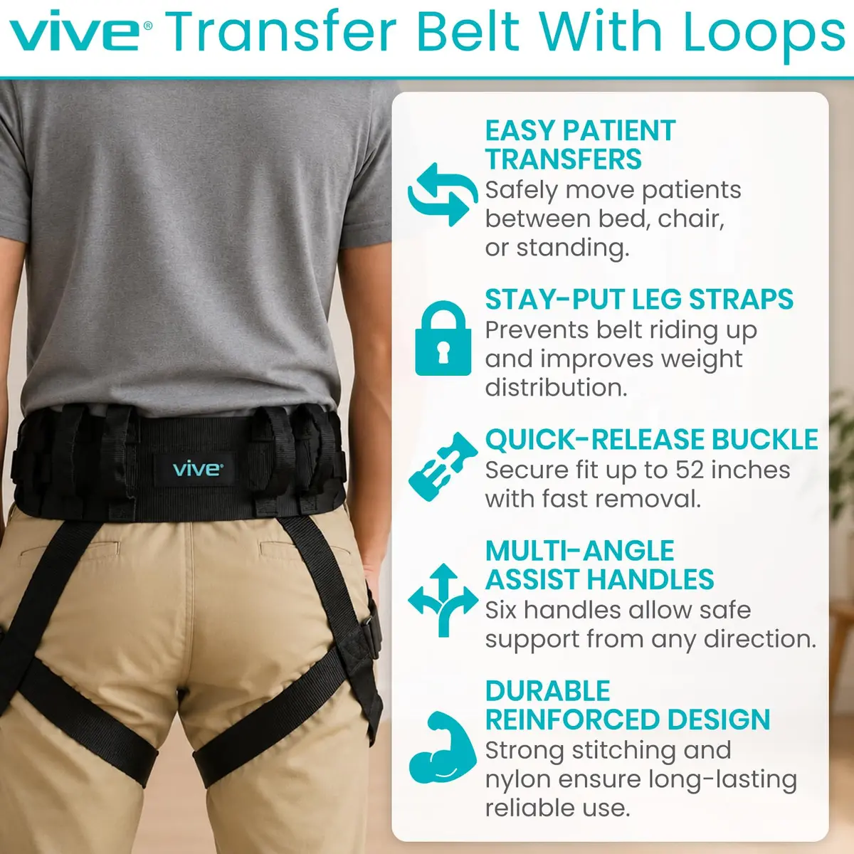 Vive Transfer Belt with Leg Loops & Padded Handles - 52 Inch Adjustable Gait Belt for Patient Lifting & Mobility Support - view 2