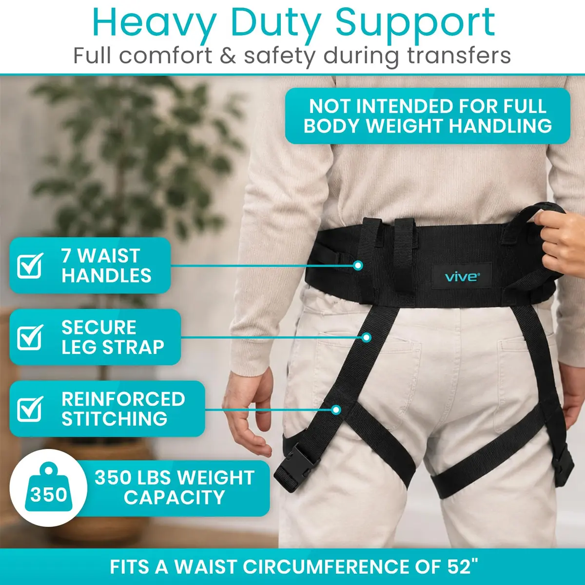 Vive Transfer Belt with Leg Loops & Padded Handles - 52 Inch Adjustable Gait Belt for Patient Lifting & Mobility Support - view 3