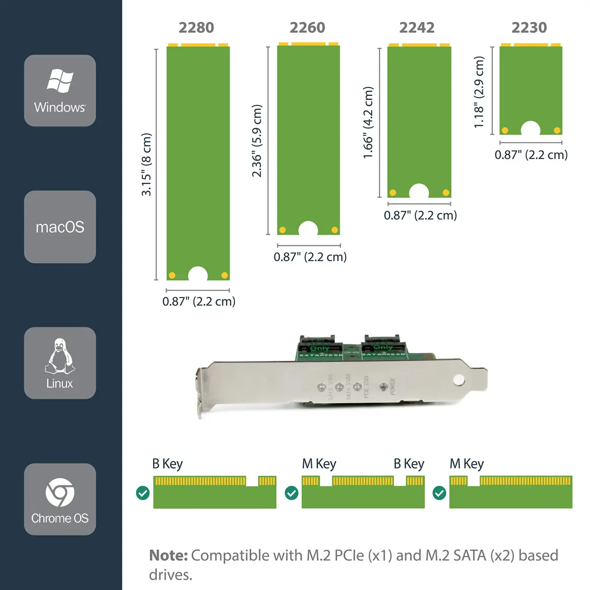 StarTech.com 3-Port M.2 Adapter, 1x NVMe & 2x SATA III, LEDs, PCIe 3.0 x4 (40Gbps) | 2280/2260/2242/2230 SSD Support - view 3