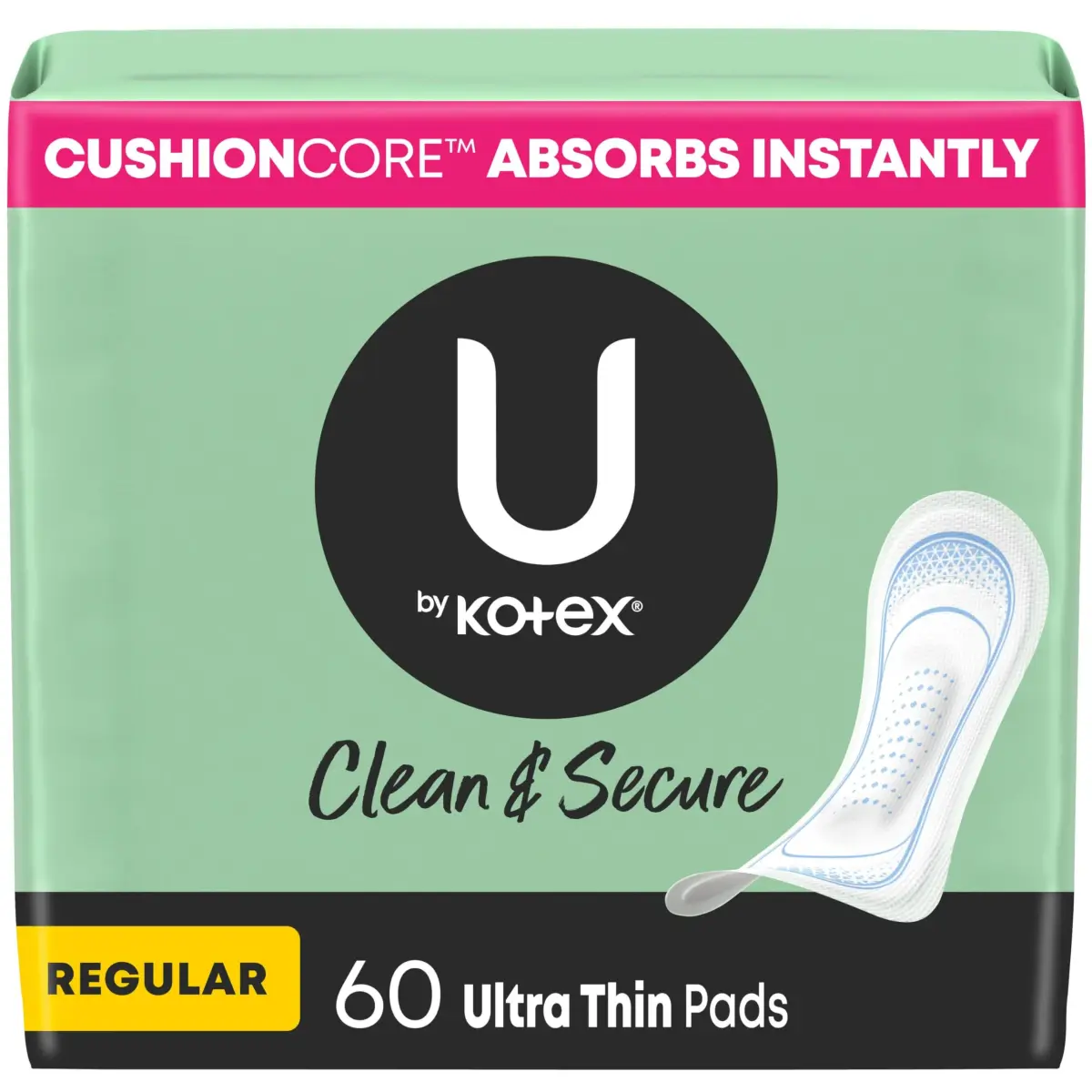 U by Kotex Clean & Secure Ultra Thin Pads Regular Absorbency 60 Count | Dermatologist Tested & Hypoallergenic - main product image