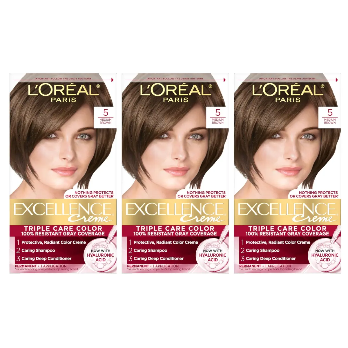 L'Oreal Paris Excellence Crème Permanent Hair Dye 5 Medium Brown | Triple Care Color Routine with Pro-Keratine Complex for 100% Gray Coverage (Pack of 3) - main product image