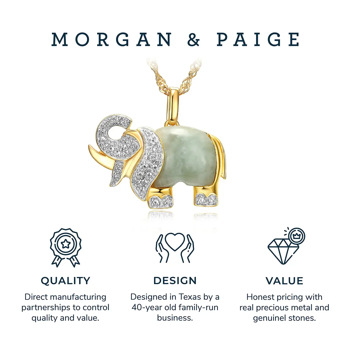MORGAN & PAIGE Silver 18k Yellow Gold Plated Jade Elephant Necklace 18in | Symbol of Strength & Wisdom - view 5