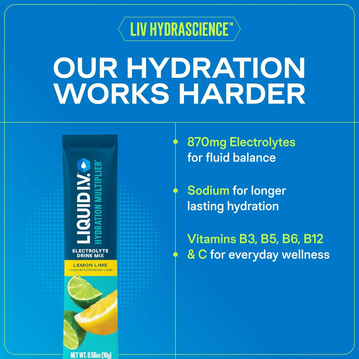 Liquid I.V. Hydration Multiplier Electrolyte Drink Mix, Lemon Lime, 16 Stick Packs (9.03 oz / 256 g) | Clinically Proven Hydration - view 4