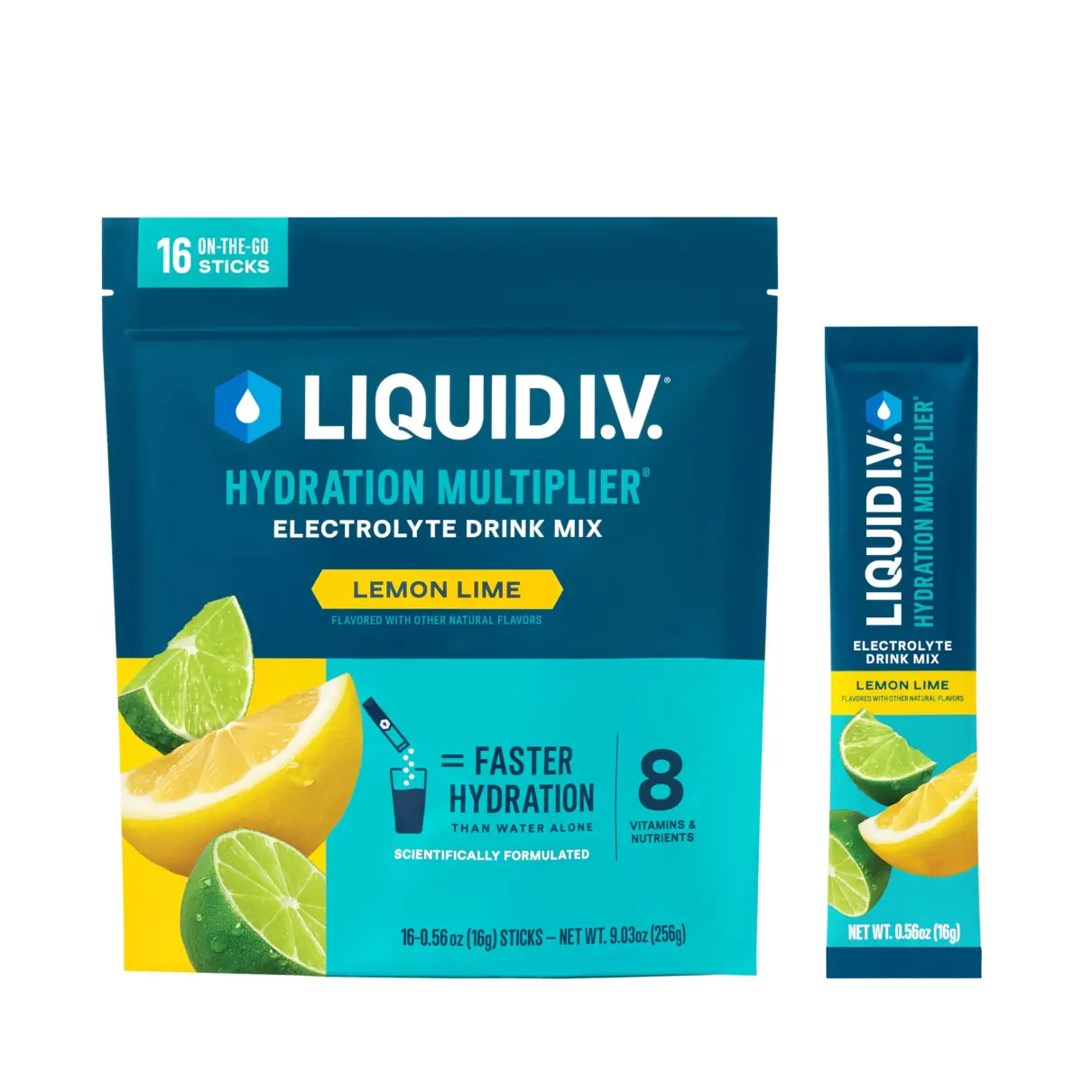 Liquid I.V. Hydration Multiplier Electrolyte Drink Mix, Lemon Lime, 16 Stick Packs (9.03 oz / 256 g) | Clinically Proven Hydration - main product image