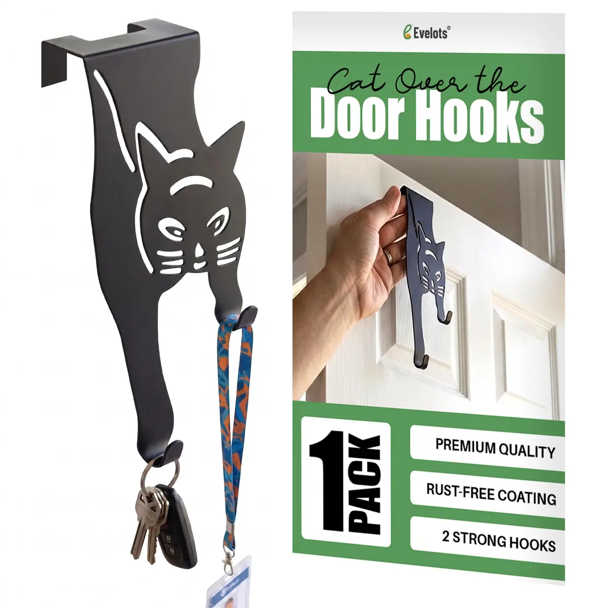 Evelots Cat Over the Door Hooks, Heavy Duty Metal Coat & Towel Hanger | Space-Saving Cat Design, Holds Up to 20 lbs - main product image