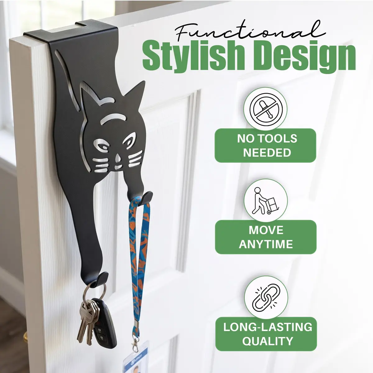Evelots Cat Over the Door Hooks, Heavy Duty Metal Coat & Towel Hanger | Space-Saving Cat Design, Holds Up to 20 lbs - view 2
