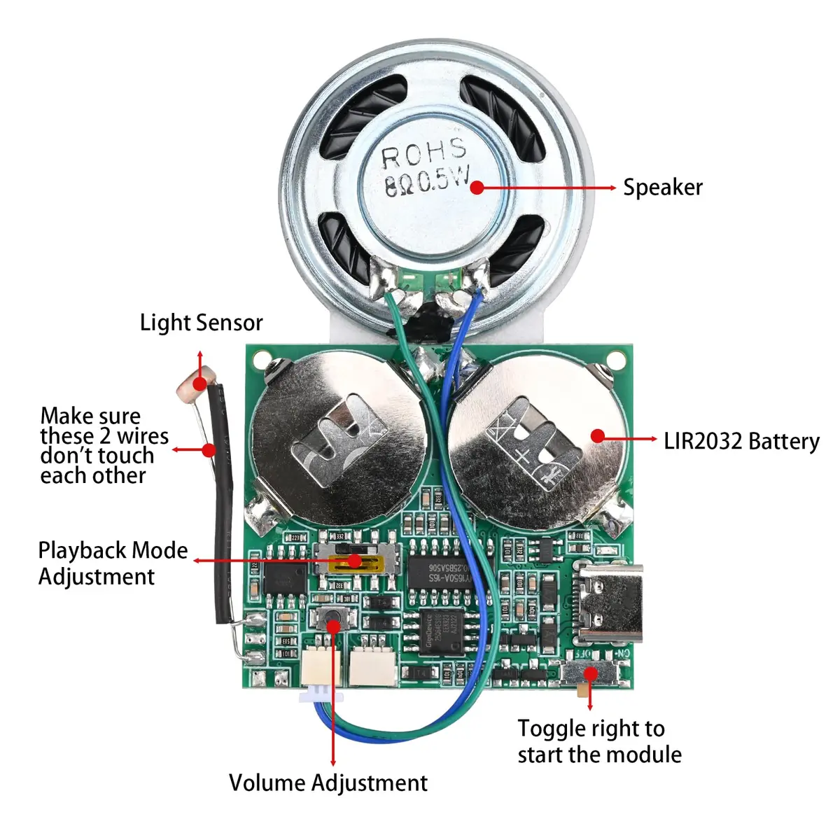 IS Light Sensor Sound Module Type-C USB Recordable Music Player 45x40mm | Programmable Light-Activated Speaker - view 6