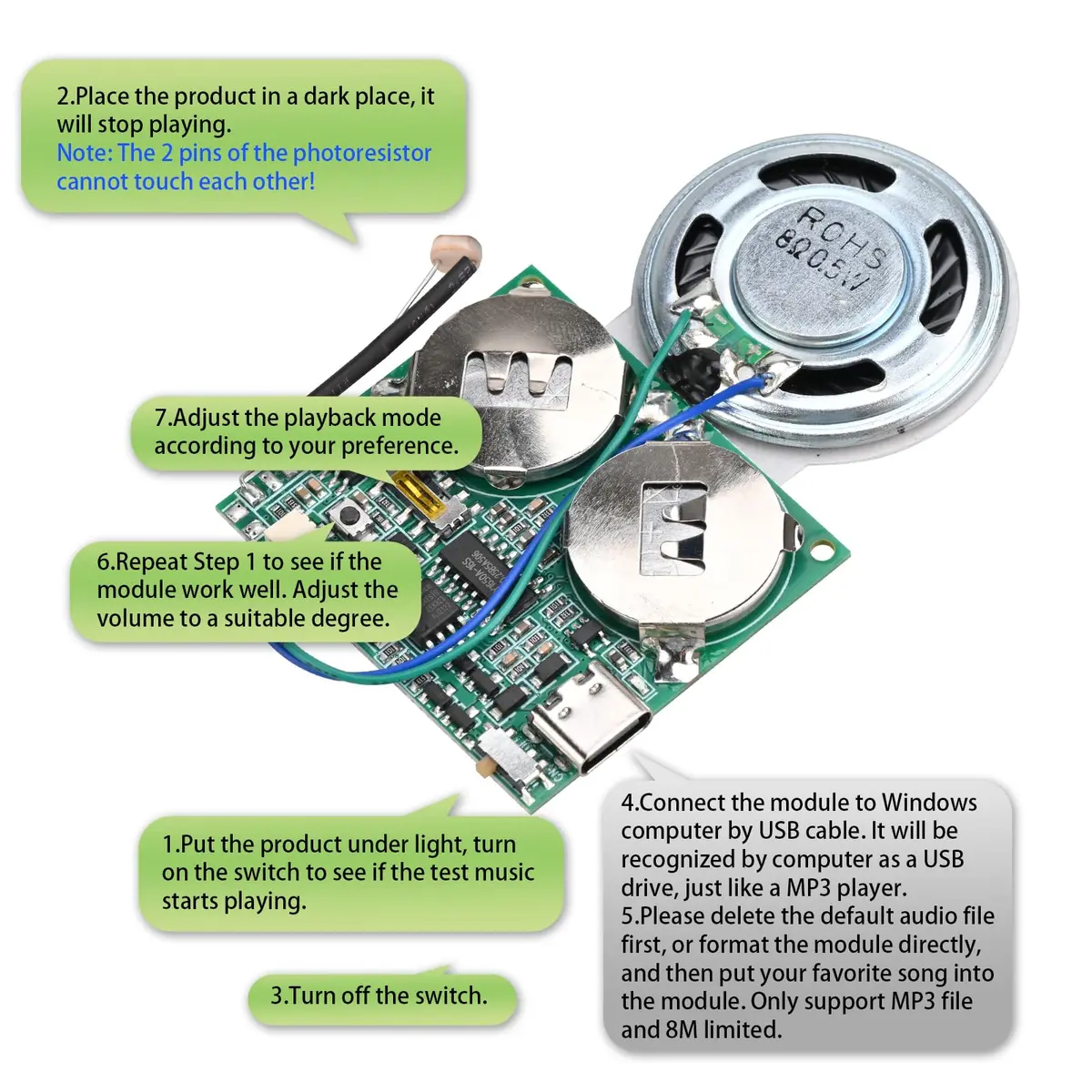 IS Light Sensor Sound Module Type-C USB Recordable Music Player 45x40mm | Programmable Light-Activated Speaker - view 7