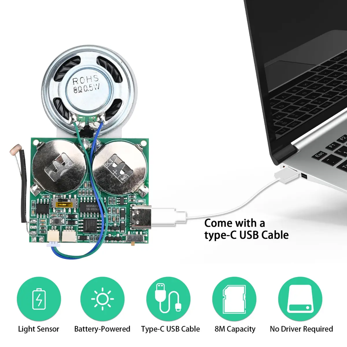 IS Light Sensor Sound Module Type-C USB Recordable Music Player 45x40mm | Programmable Light-Activated Speaker - view 4