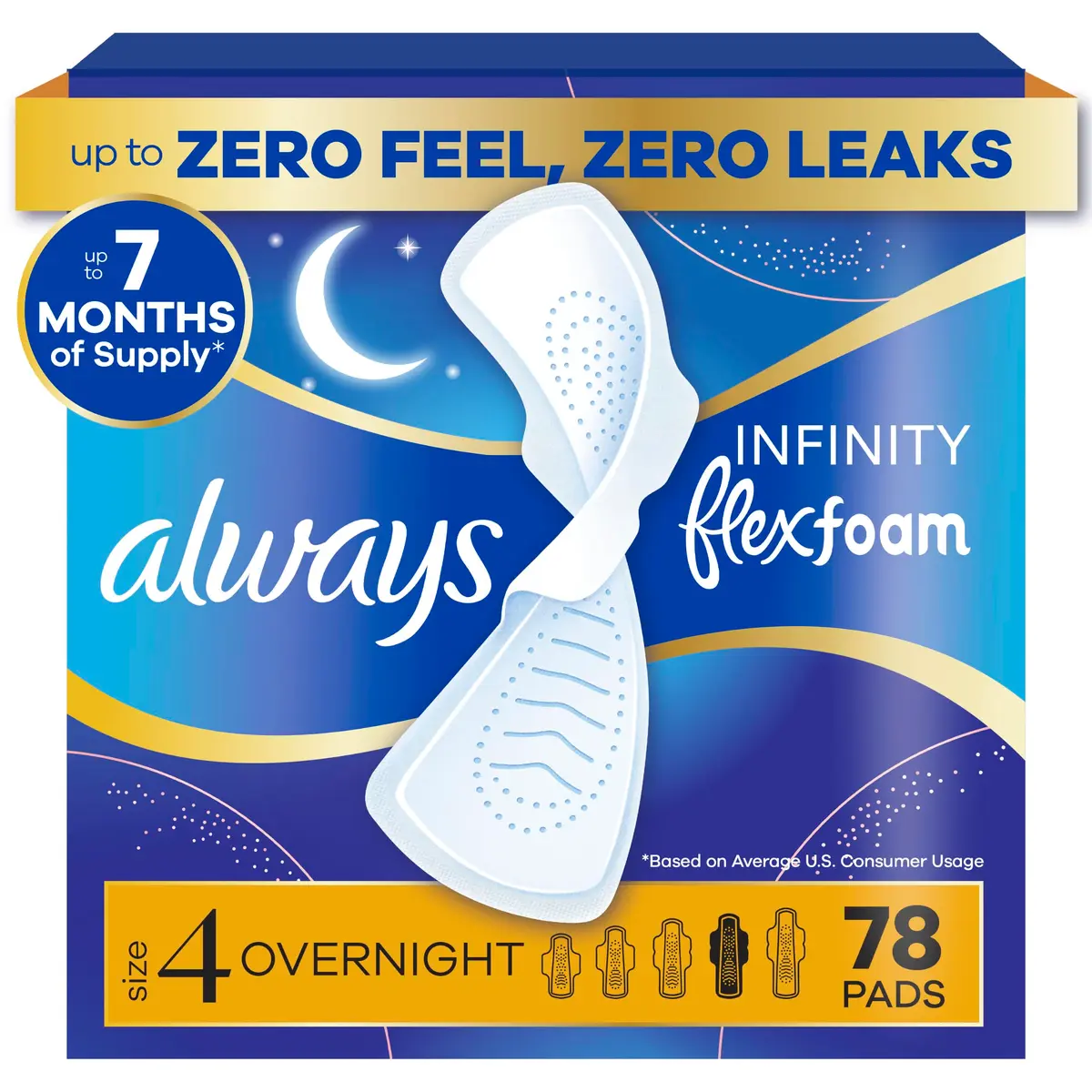 Always Infinity Feminine Pads Size 4 | Overnight Absorbency, Unscented, 78 Count - main product image