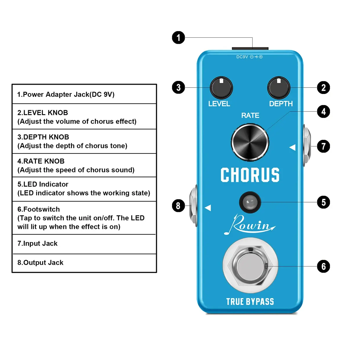 Rowin LEF-304 Analog Chorus Pedal for Electric Guitar Bass True Bypass | 95mm (D) x 44mm (W) x 48mm (H) - view 2