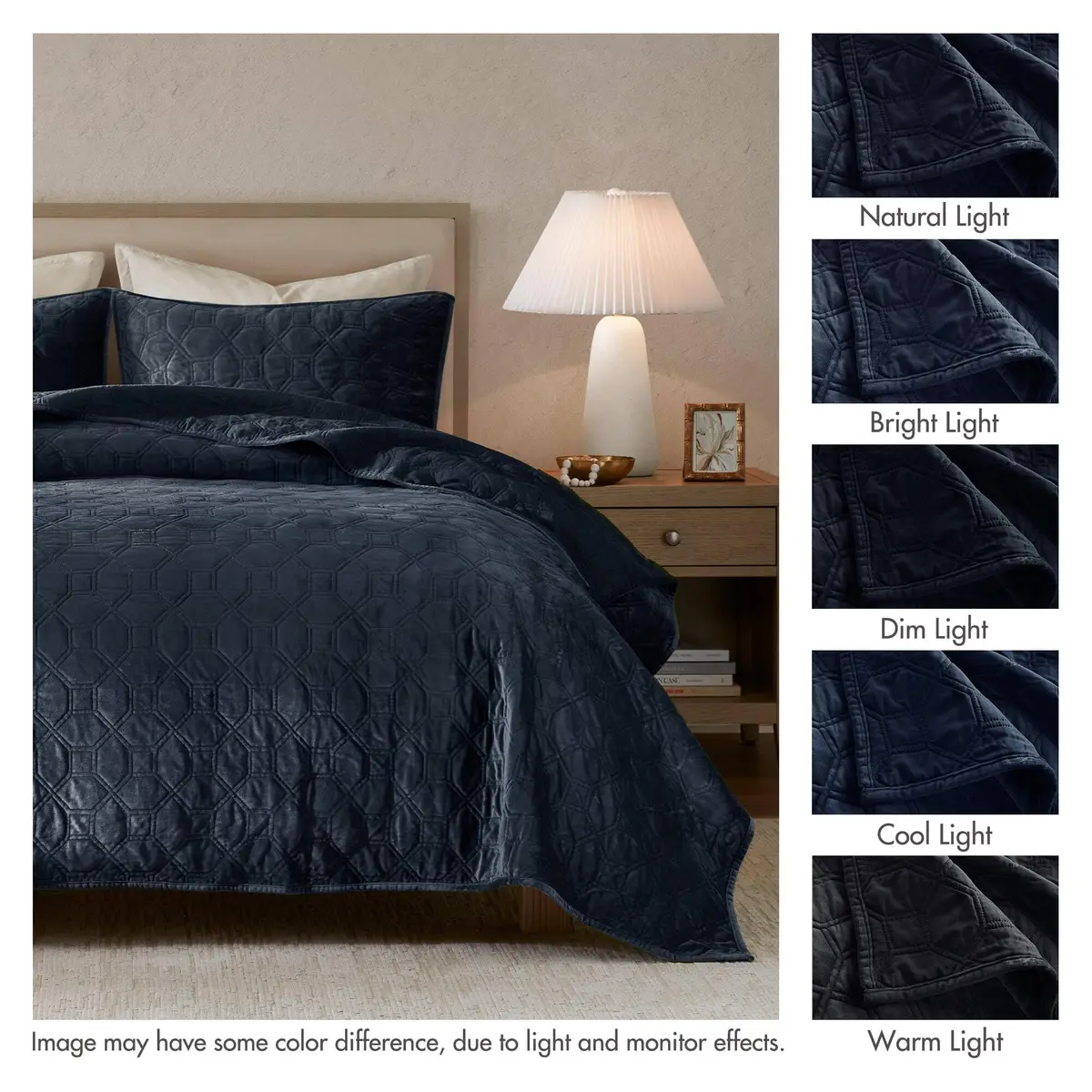 Madison Park Velvet Casual Geometric Stitching Navy King Quilt Set, 3pc | All-Season, Soft Velvet, Geometric Design - view 6