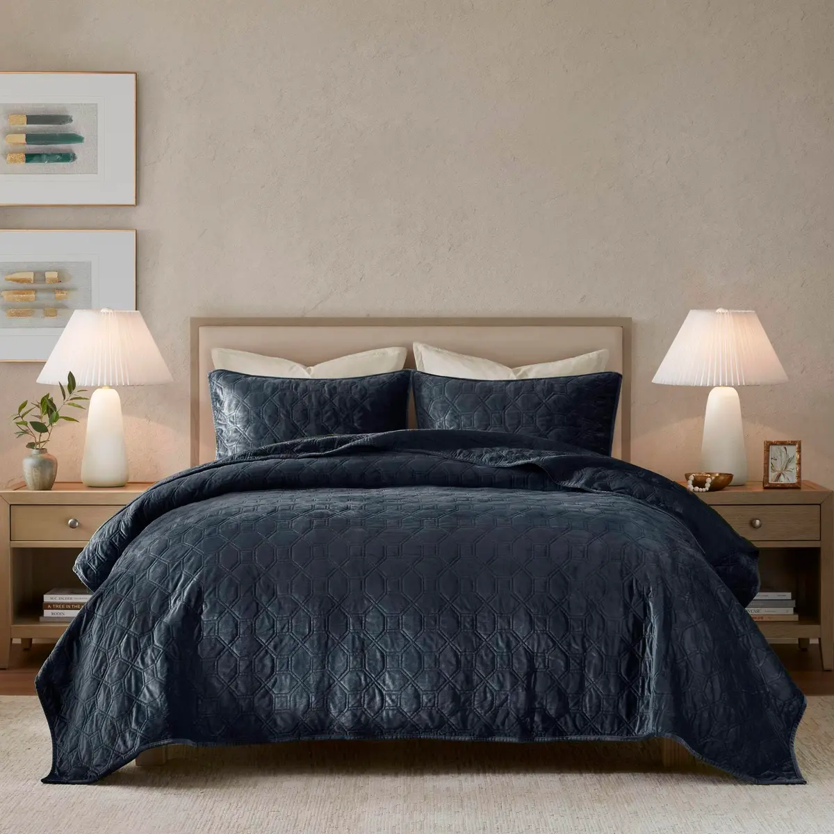 Madison Park Velvet Casual Geometric Stitching Navy King Quilt Set, 3pc | All-Season, Soft Velvet, Geometric Design - view 9