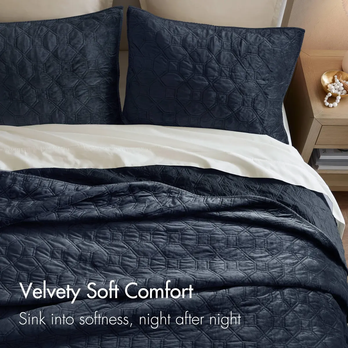 Madison Park Velvet Casual Geometric Stitching Navy King Quilt Set, 3pc | All-Season, Soft Velvet, Geometric Design - view 2