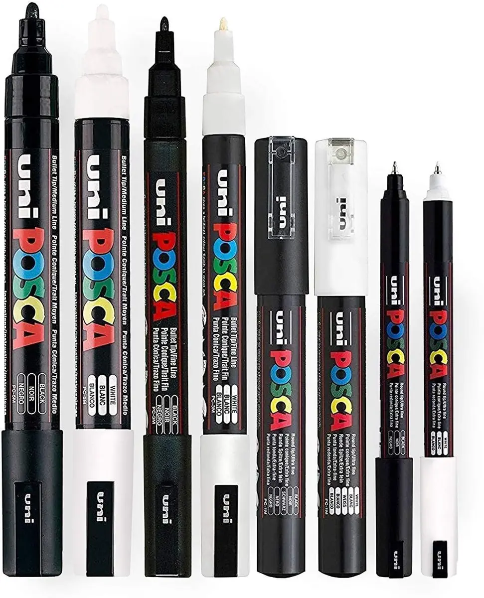 posca black & white paint marker set of 8 | reversible tips, waterproof, versatile for art & craft - main product image
