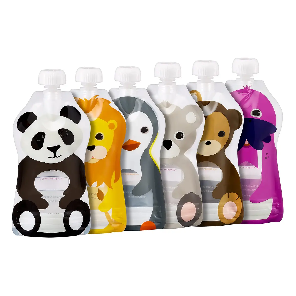 SQUOOSHI Reusable Baby Food Pouches 6 Pack 5oz Assorted Animals | Eco-Friendly, BPA-Free, Travel-Ready - main product image