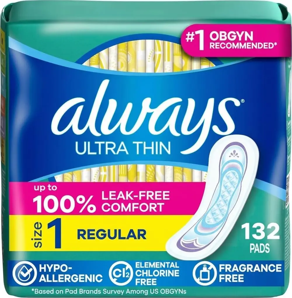 Always Ultra Thin Feminine Pads Without Wings, Size 1 Regular Absorbency, 132 Count | 100% Leak-Free Protection - main product image