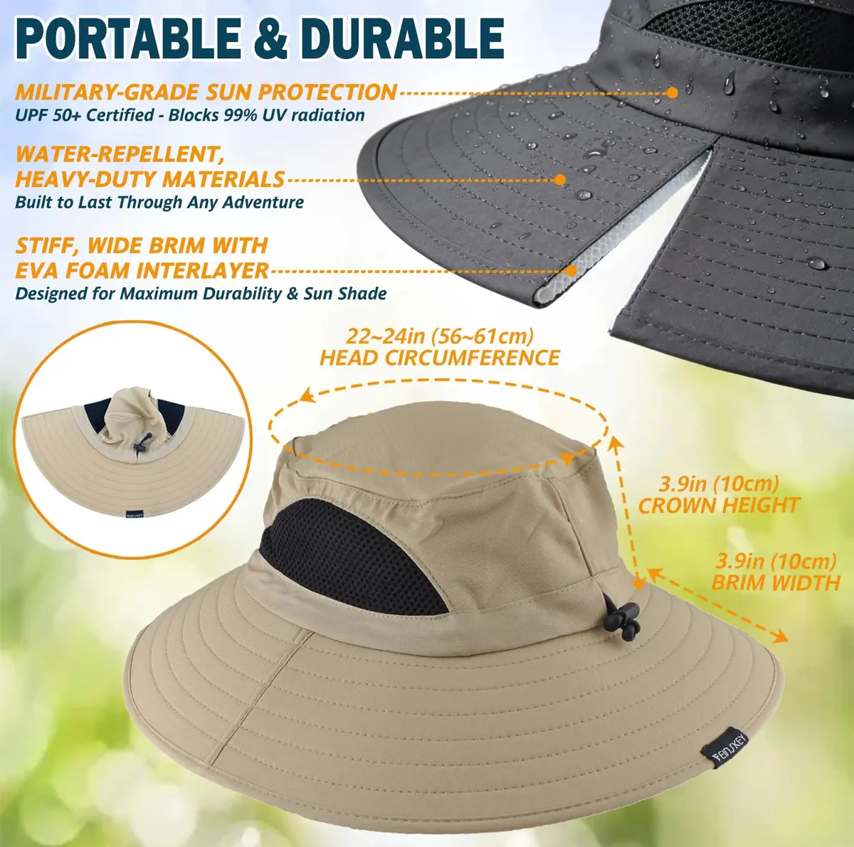 EINSKEY Wide Brim Sun Hat UPF 50+ Waterproof Packable for Men & Women | UV Protection & Breathable (70-120 chars) - view 6