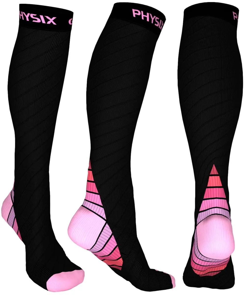 Physix Gear Sport Compression Socks L/XL Black/Pink | Graduated Compression for Circulation & Athletic Support - main product image