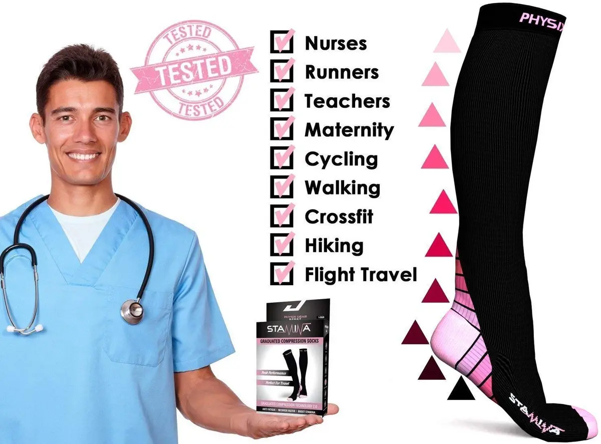 Physix Gear Sport Compression Socks L/XL Black/Pink | Graduated Compression for Circulation & Athletic Support - view 5