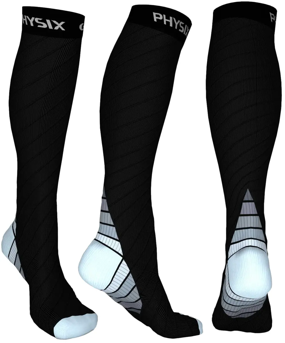 Physix Gear Sport Compression Socks for Circulation, Running, Nurses, Athletic Use, Black/Grey, 2-Pack, 15-20 mmHg - main product image