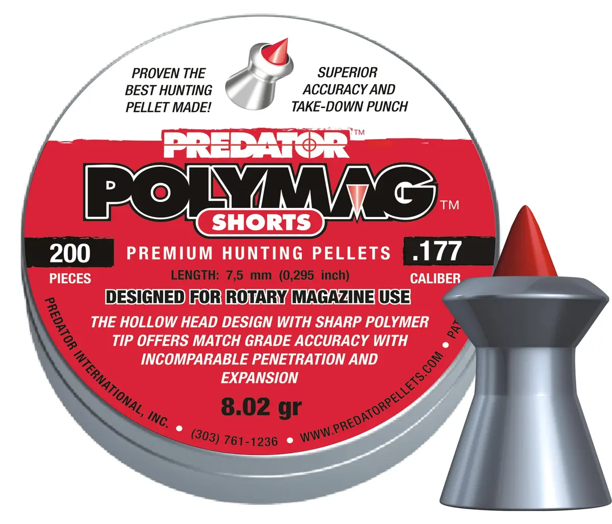 Predator Polymag 1010-01 Short Air Gun Pellets .177 Cal, 8 Grains | Accurate, Heavy Hunting Pellet for Long Range Shooting - main product image