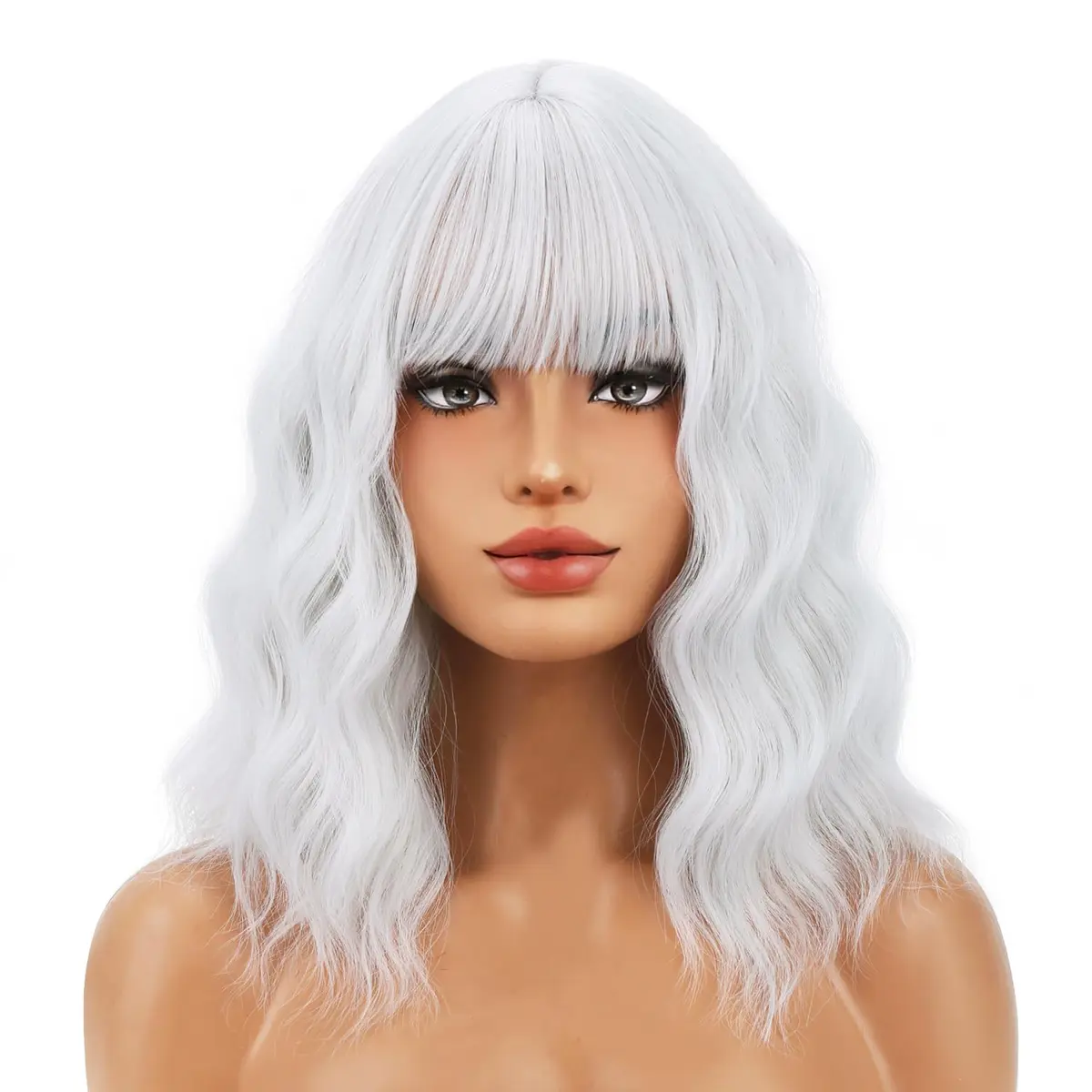 BERON 14 Inch Silver White Wig with Bangs for Women Short Curly Synthetic Wig Hairnet Included | Heat-Resistant Synthetic Fiber - main product image