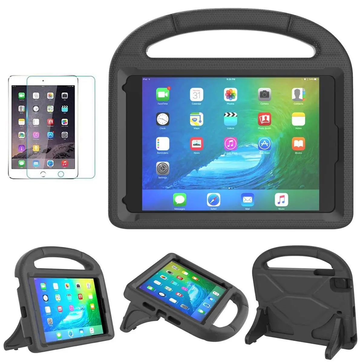 Suplik Kids Case for iPad Mini 1-5 (7.9") | Black EVA Rubber Handle Stand Cover with 2 Screen Protectors - main product image