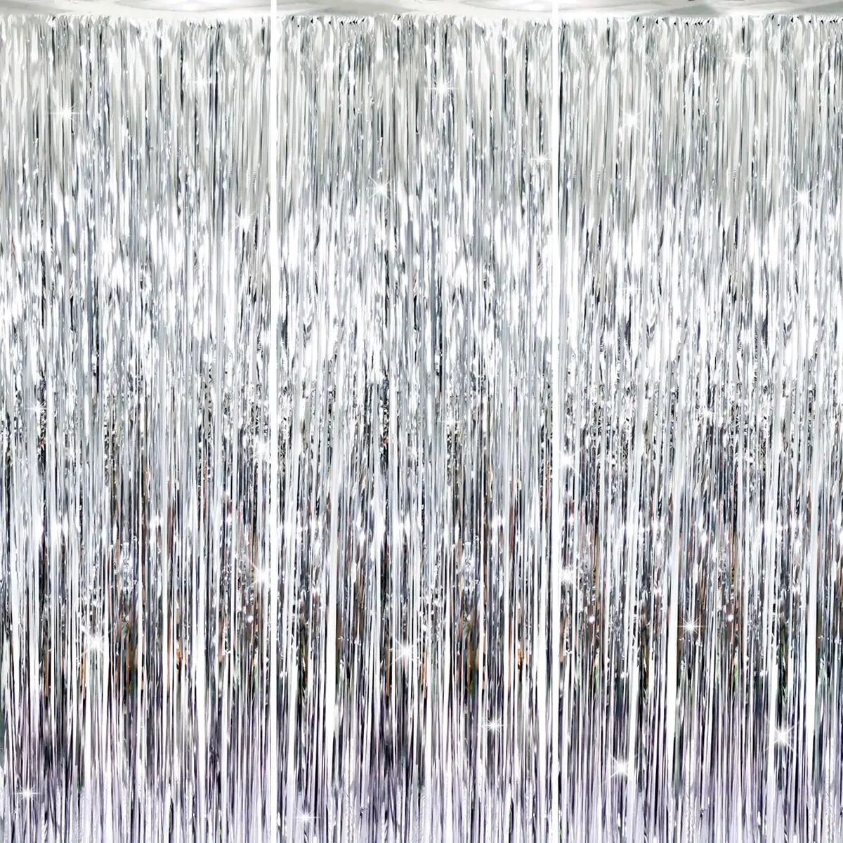 GOER Silver 3.2 ft x 8.2 ft Metallic Tinsel Foil Fringe Curtains Party Photo Backdrop for Birthday, Graduation, New Year Eve Decorations (3 pcs) - main product image