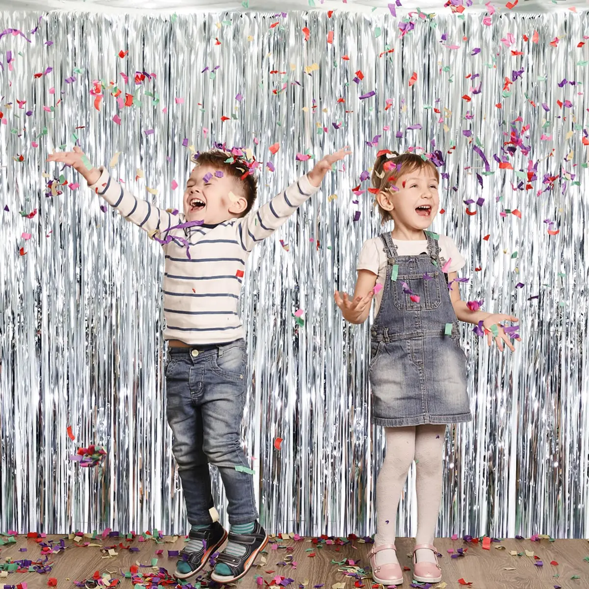 GOER Silver 3.2 ft x 8.2 ft Metallic Tinsel Foil Fringe Curtains Party Photo Backdrop for Birthday, Graduation, New Year Eve Decorations (3 pcs) - view 2