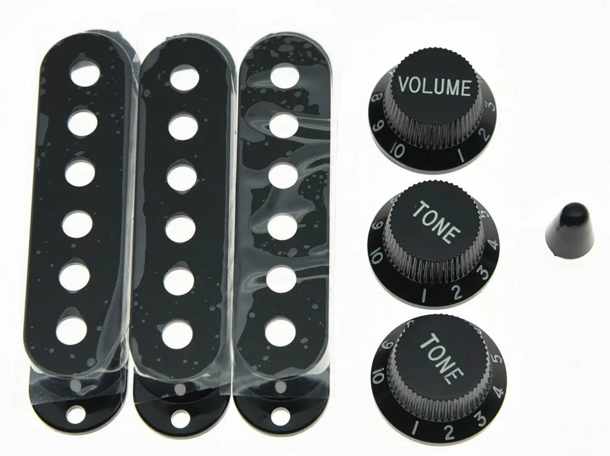 KAISH Black Strat Pickup Covers Knobs & 5-Way Switch Tip Cap | Aftermarket Guitar Parts - main product image