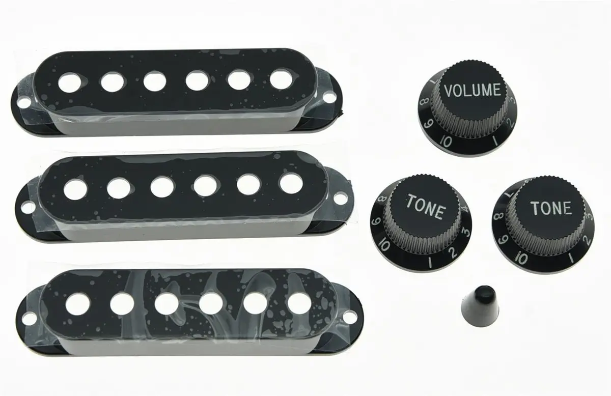 KAISH Black Strat Pickup Covers Knobs & 5-Way Switch Tip Cap | Aftermarket Guitar Parts - view 2