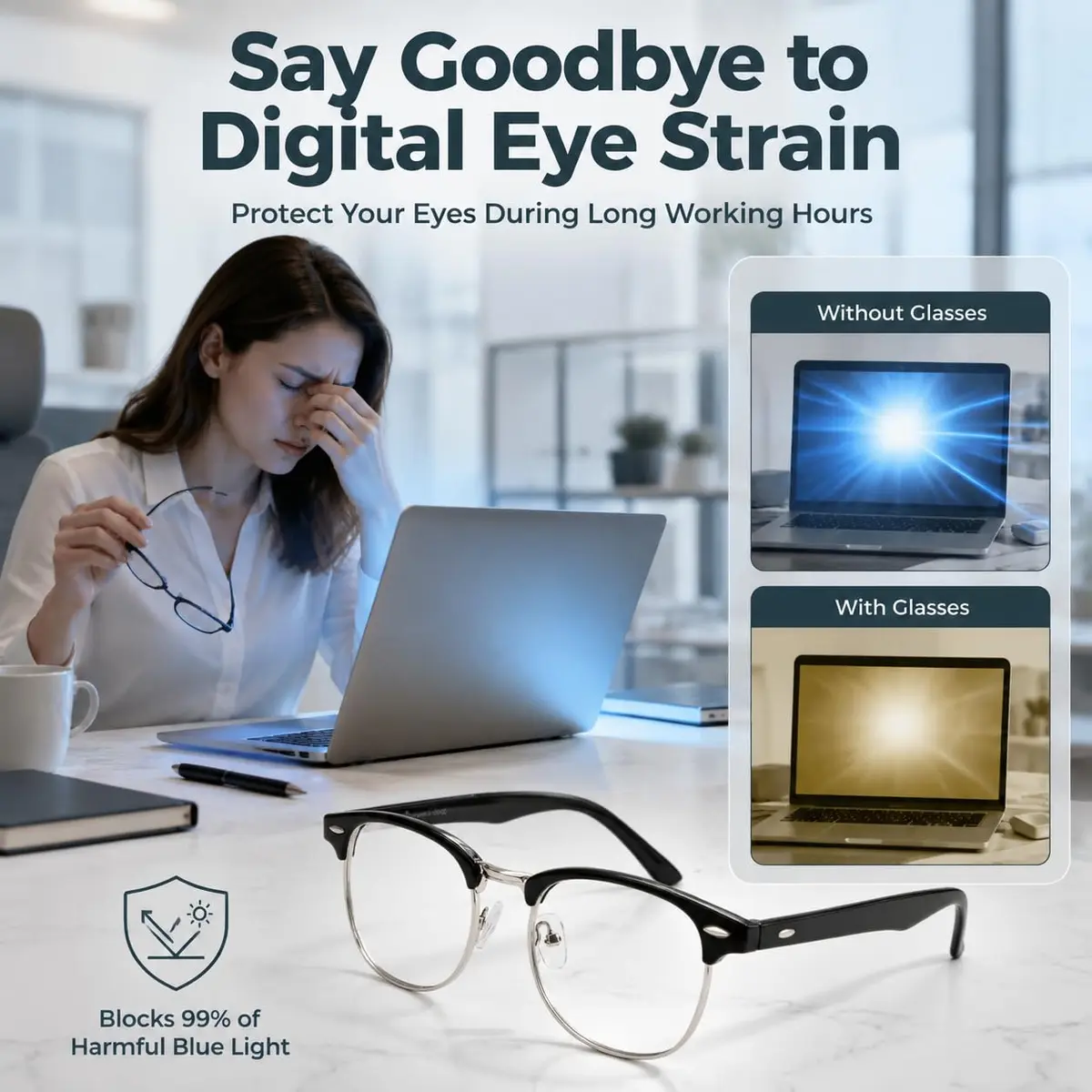 Cyxus Browline Blue Light Glasses for Men Women Reduce Eye Strain Black | Anti-Reflective & Durable - view 3
