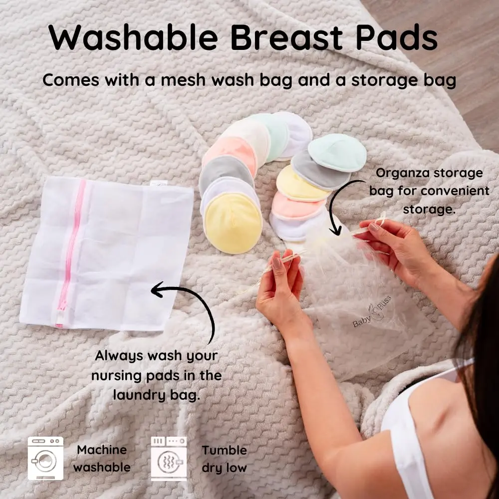 BABY BLISS Organic Bamboo Nursing Pads 14 Washable Breast Pads with Wash Bag | 3-Layer Absorbency for Leak Protection - view 4