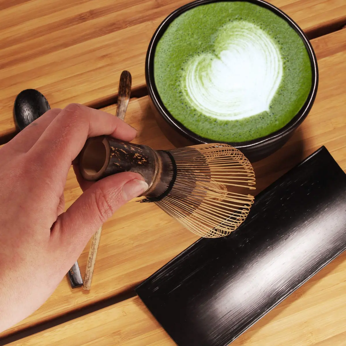 BambooMN Matcha Whisk Set - Black Chasen (Tea Whisk), Black Tray, Chashaku (Hooked Bamboo Scoop), Tea Spoon - 2 Sets | Traditional Japanese Tea Utensils - view 5