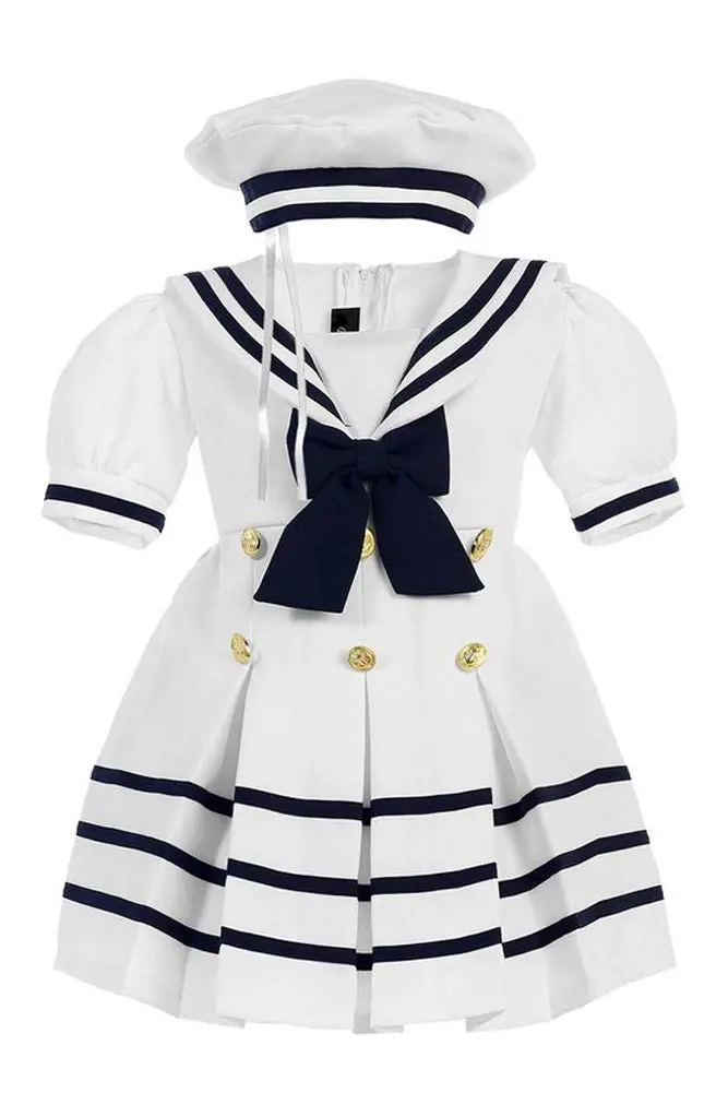 iGirlDress Baby Toddler Girls Nautical Sailor Dress with Hat 3T White | Navy & Gold Buttons, Zipper Closure - main product image