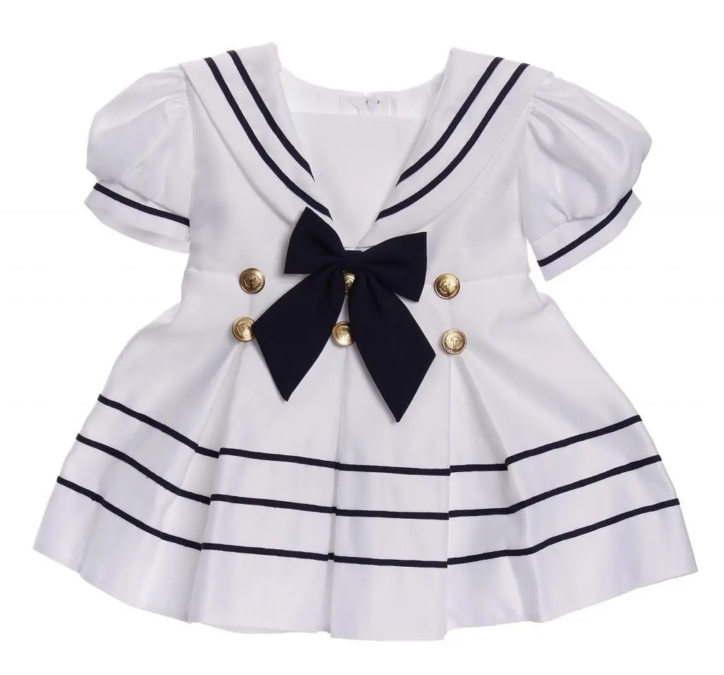 iGirlDress Baby Toddler Girls Nautical Sailor Dress with Hat 3T White | Navy & Gold Buttons, Zipper Closure - view 2