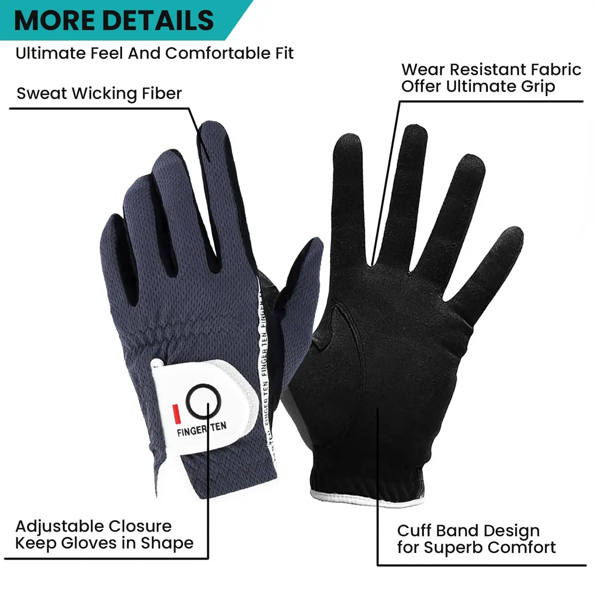 FINGER TEN Men's Golf Gloves Rain Grip 2 Pack (Gray, M/Large) | Wet Weather Performance & Breathable Mesh - view 2