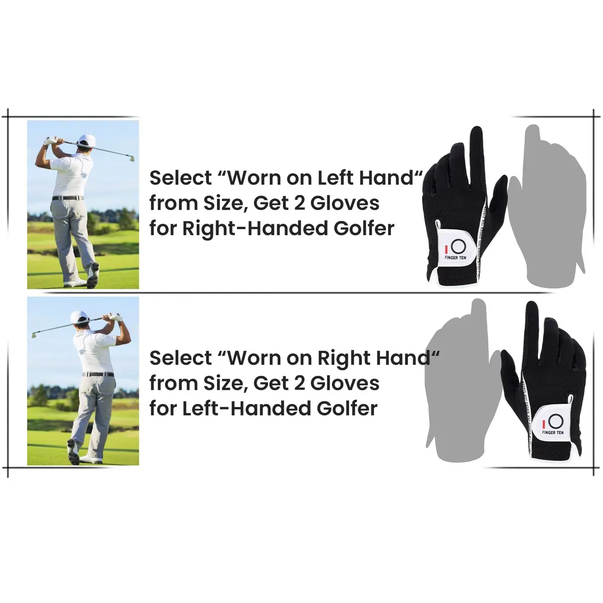 FINGER TEN Men's Golf Gloves Rain Grip 2 Pack (Black, Large, Left Hand) | Wet Weather Grip & Breathable Comfort - view 6
