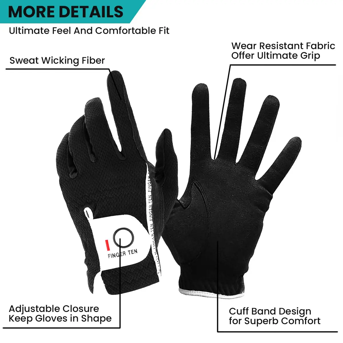 FINGER TEN Men's Golf Gloves Rain Grip 2 Pack (Black, Large, Left Hand) | Wet Weather Grip & Breathable Comfort - view 2