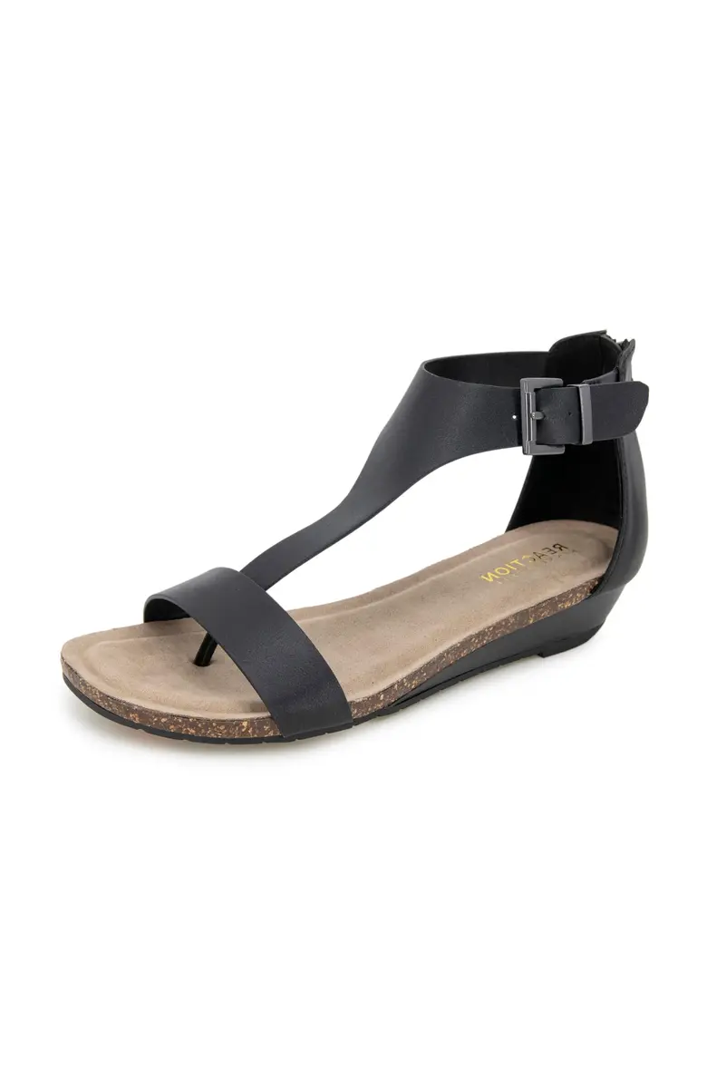 Kenneth Cole REACTION Women's Great Gal T-Strap Wedge Sandal, Black, 10 M US | Effortless chic style with breathable Ortholite foam - main product image