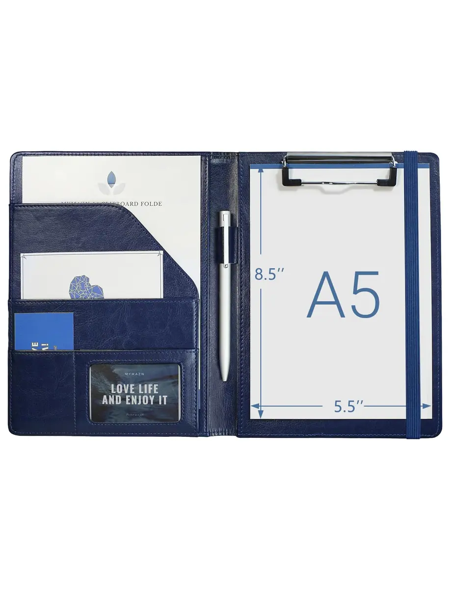 Mymazn Small A5 Padfolio with Clipboard & Elastic Closure, Blue Faux Leather | Fits 5x8 Inch Writing Pads - main product image