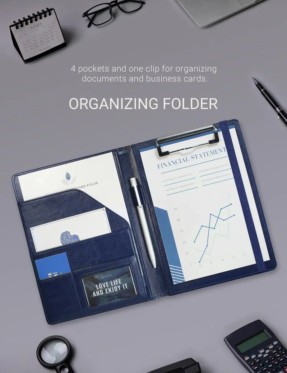 Mymazn Small A5 Padfolio with Clipboard & Elastic Closure, Blue Faux Leather | Fits 5x8 Inch Writing Pads - view 5