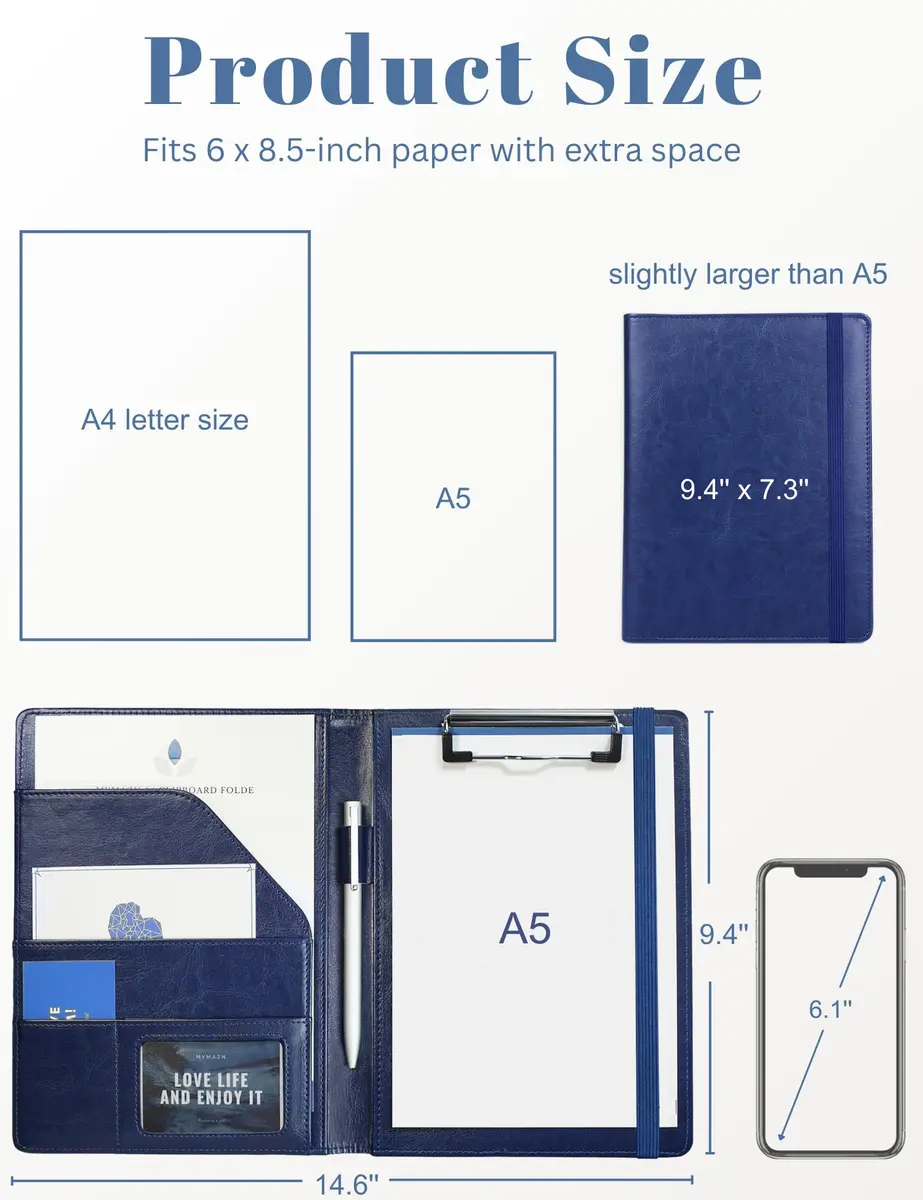 Mymazn Small A5 Padfolio with Clipboard & Elastic Closure, Blue Faux Leather | Fits 5x8 Inch Writing Pads - view 2