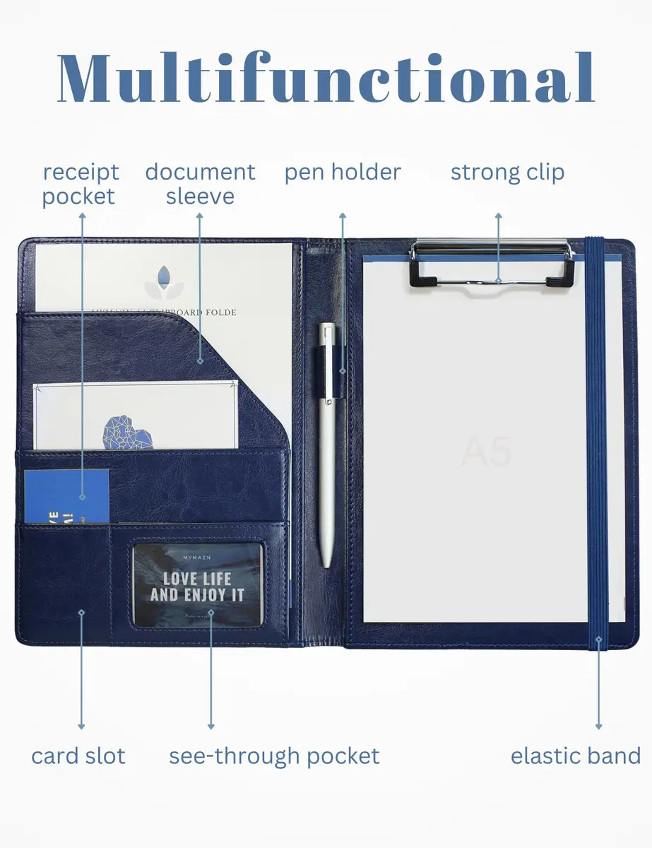 Mymazn Small A5 Padfolio with Clipboard & Elastic Closure, Blue Faux Leather | Fits 5x8 Inch Writing Pads - view 3