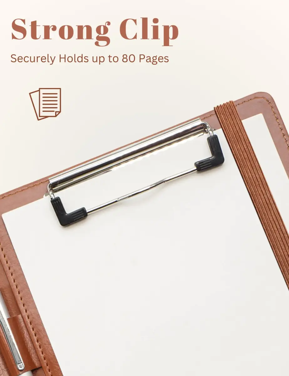 Mymazn Small Clipboard Padfolio for Women Fits 5x8 Inch Writing Pads | Brown Classic Faux Leather with Elastic Closure & Pockets - view 6