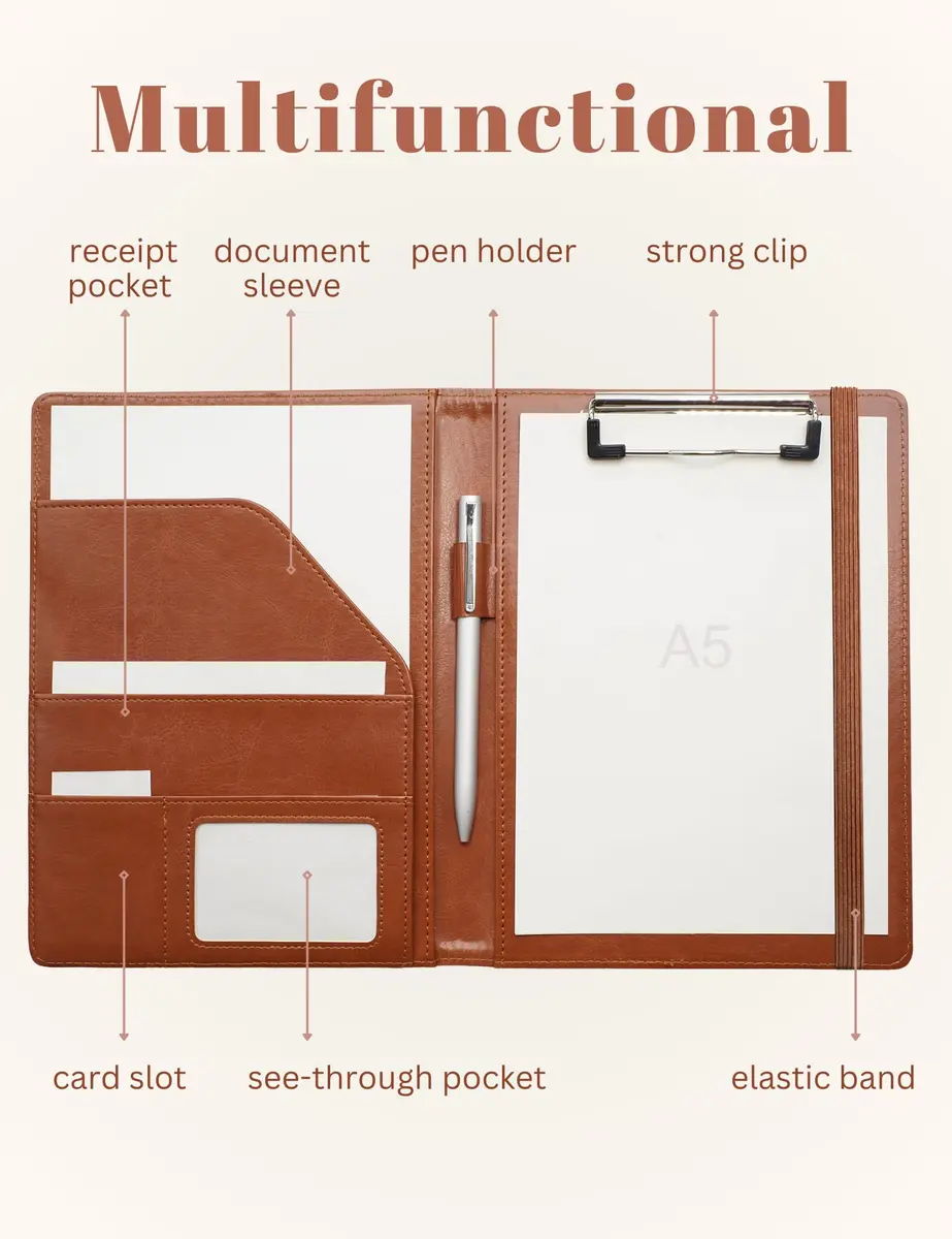 Mymazn Small Clipboard Padfolio for Women Fits 5x8 Inch Writing Pads | Brown Classic Faux Leather with Elastic Closure & Pockets - view 2